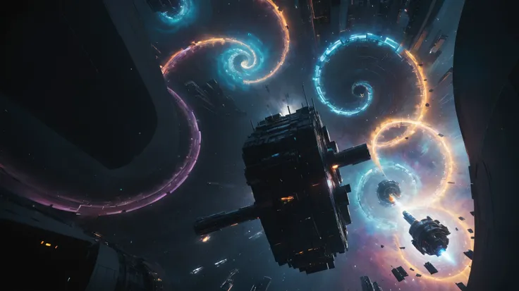 aerial view. brightly colored abstract image of a space station with a spiral, epic beautiful space scifi, chaotic cinematic space rift, greg beeple, planets colliding, beeple and tim hildebrandt, beeple and jean giraud, end of the universe, galaxy space s...