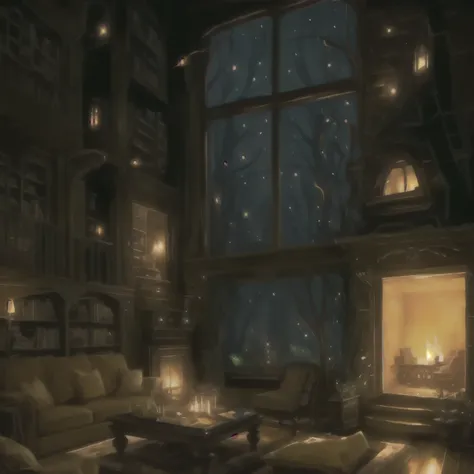 a cozy living room with a fireplace and bookshelves, comfortable and atmospheric, comfortable environment, dimly lit library, comfortable and serene atmosphere, forest visible through large windows at night, comfortable and tranquil ambiance, comfortable a...