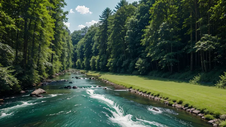 Above is the blue sky, on both sides are rows of tall trees and green grass. In the middle is a flowing river that combines into a beautiful natural picture. Realistic images, clear, meticulous details, green color scheme.