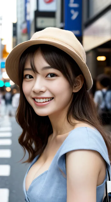 masterpiece,best quality,(Japanese ),((Beautiful girl)),cleavage,(perfect body beauty:1.2),(shy smile),beautiful teeth,(hat),(Shibuya scramble crossing),