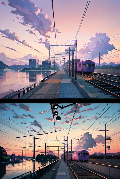 Animated scene of a train passing under a pink and purple sky, Makoto Shinkai&#39;s animation, Trending topics on pixiv, magical realism, Beautiful anime scene, Space Sky. by Xin Haichen, ( ( Xin Haichen ) ), by Xin Haichen, Anime Background Art, style of ...