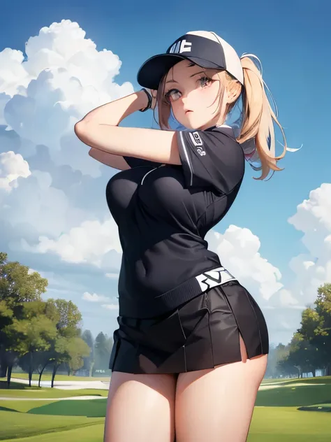 Beautiful girl with big, golf uniform,be a golfer,There was an old black man as a trainer.,golf course