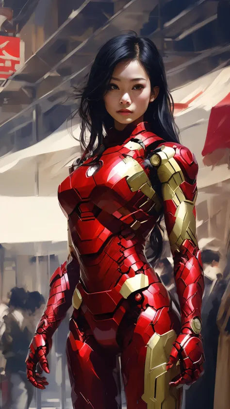Iron Man Design、Simple design、20-year-old、Asian、Long black hair、woman体型、Large Breasts、woman