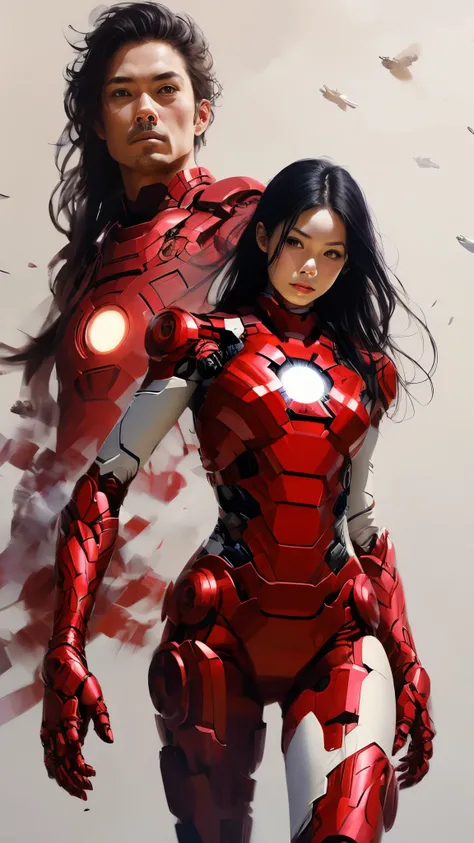 Iron Man Design、Simple design、20-year-old、Asian、Long black hair、woman体型、Large Breasts、woman