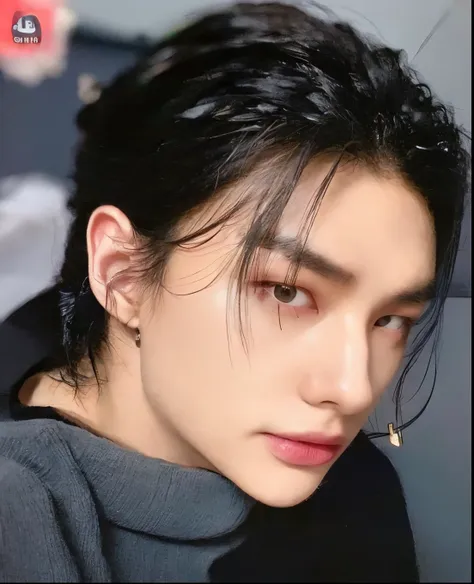 hyunjin hwang, black wavy hair, highlighted cheekbones, thick lips, iris grises, slanted eyes.