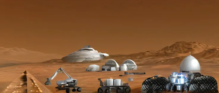 mars base construction，on the surface of mars,there is a transport vehicle，there&#39;s a mechanical car with a claw that&#39;s b...