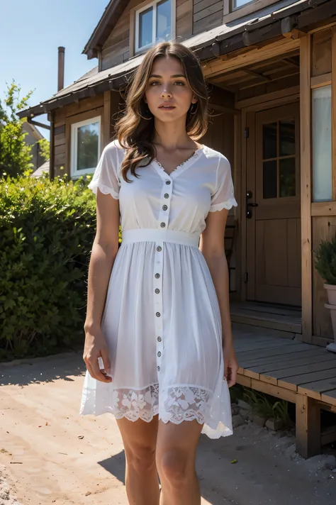 A beautiful woman with light delicately filtering through her hair, her summer dress is beautiful and shes standing in front of a cottage
