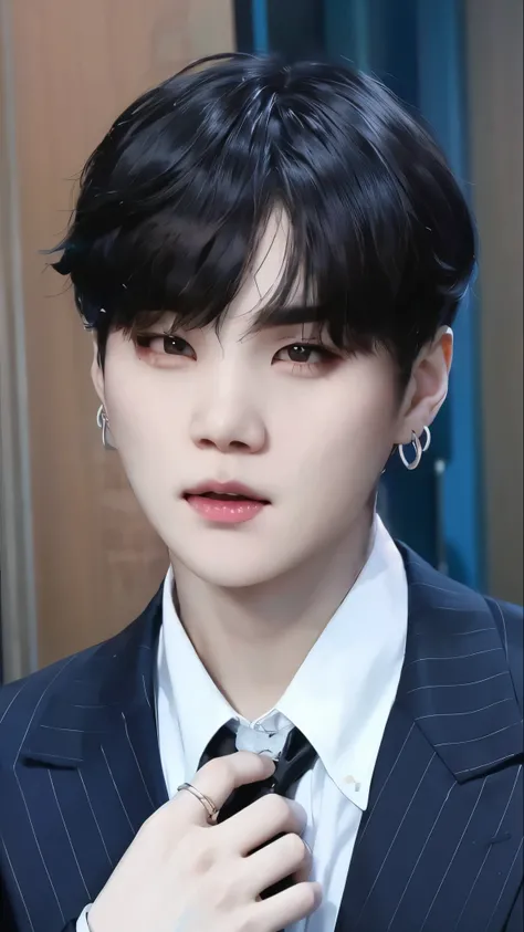 Image of black haired yoongi, young pale angel, innocent look, Suga BTS, chico bts, pale korean adorable face, taken in the early 2020s, has a penetrating look, key still, ten reads, kpop idol suga, Min Yoongi, Yoongi's way bts. Realistic hyper realist...
