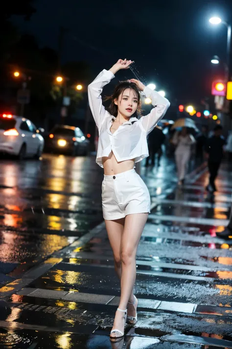 1woman, Dancing in the Rain, brilliant dancing, on the street, Its raining so hard, get soaked