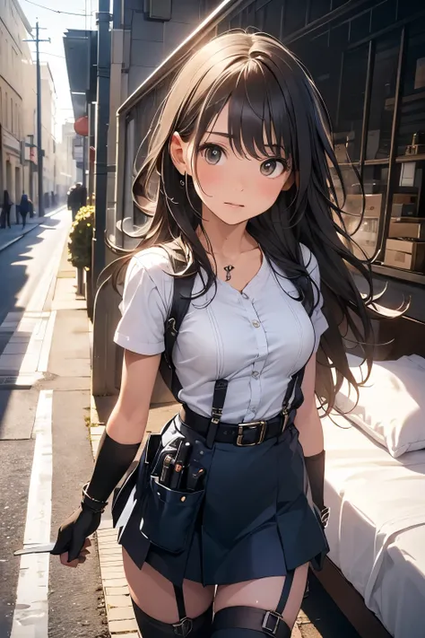 high quality, masterpiece, Ultra-high resolution, (realism: 1.4), Oil painting style, Cinema Lighting, , I stood on the empty asphalt road and looked at it., And the suspenders with the cranes flying　　Large Breasts　 　 　　　　Small face　 　　　holster　　　　　　　 Lyin...