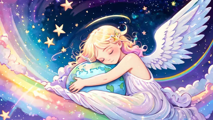 Beautiful angel sleeping happily holding the earth, outer space, pastel rainbow colored wings, shooting stars, fine pearl light