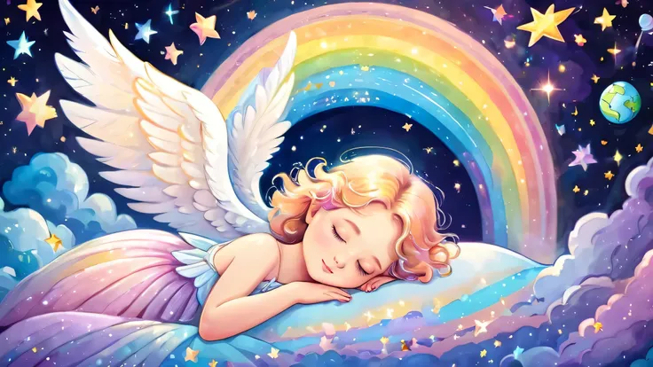 Beautiful angel sleeping happily holding the earth, outer space, pastel rainbow colored wings, shooting stars, fine pearl light
