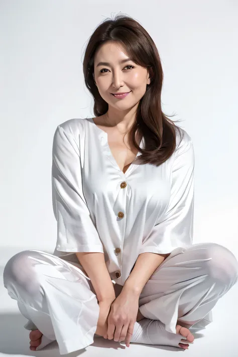 White background、Realistic（masterpiece、Highest quality）、Long Hair Woman、Hair color is dark brown、Japanese mature woman、smile、whole body、Large Breasts、Emphasize the chest、Silk pajamas、Belly button showing、45-year-old woman、Mature Woman、Pure white background