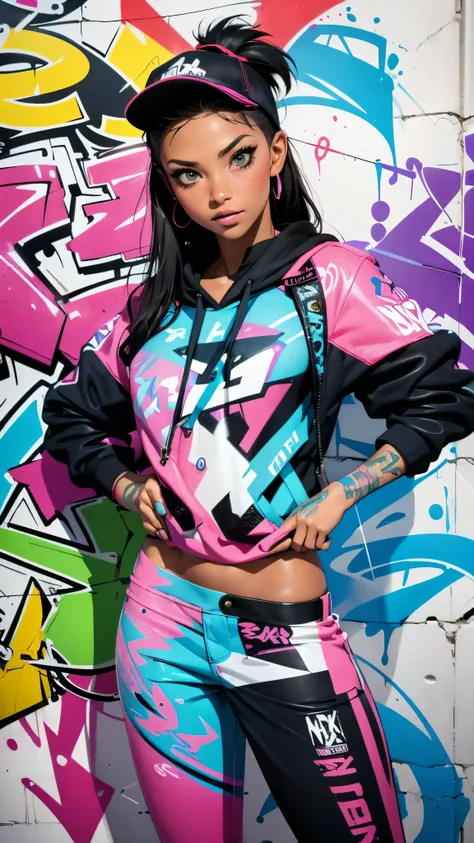 (best quality), (high detail), (vivid colors), (graffiti style), (freestyle), (close up), (1girl), young sexy female graffiti ar...