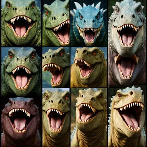 dinosaur、Image９Split、９kind、Mr.々Expression、Face only、Masterpiece、Masterpiece、Highest quality、Crying expression、Angry expression、Smiling face、dinosaurのみ