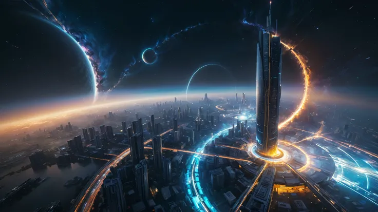 aerial view. brightly colored abstract image of a space station with a spiral, epic beautiful space scifi, chaotic cinematic space rift, greg beeple, planets colliding, beeple and tim hildebrandt, beeple and jean giraud, end of the universe, galaxy space s...