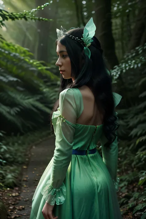 A fairy women with black long hair, wearing beautiful soft pastels green dress with a lot of unique detail, fairy ears, wearing tiara made by branch, walk away in the middle of magic Forrest with neon glowing leafs, walk away from the camera, back angle, c...