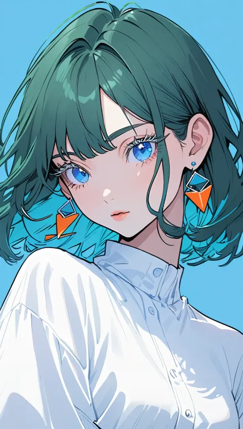 the minimalists，fashion girl，dark green hair，blue background，wearing special earrings，clear eyelashes，bright blue eyes