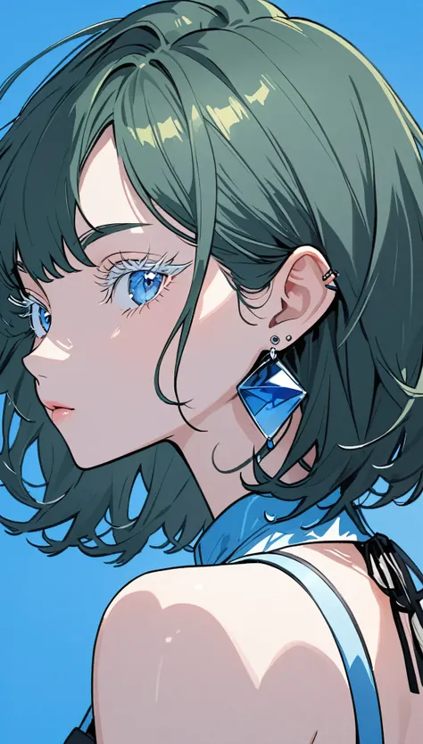 The Minimalists，Fashion Girl，Dark green hair，Blue Background，Wearing special earrings，Clear eyelashes，Bright blue eyes