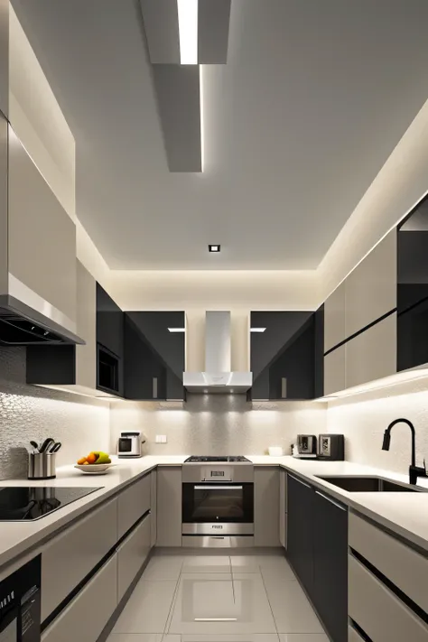 Professional 3d architecture rendering design of modern and minimal kitchen with  light mink gray  color and thunder gray   color and light cream color  and black color 