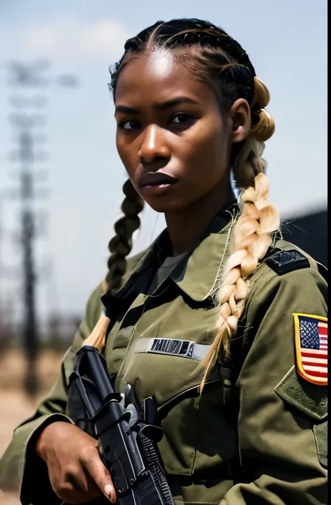 Multiple black women,20th Generation,Blonde,Dark Skin,Army Corps,With an assault rifle,U.S. military bases,Braid,Serious face,military,Cowboy Shot,