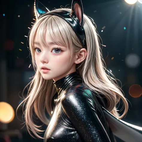  (Skinny Shark BodySuit,  shark head hood without ears), 8k, High-level, absurd, masterpiece, best quality, primitive, very detailed CG, very detailed wallpaper, perfect lighting, Extremely detailed ((( personifying " Shark" as a Little Girl))), MysticSigh...