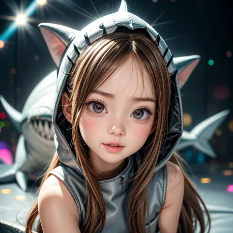  ((Skinny Shark BodySuit, Stuffed shark head hood)with Fin), 8k, High-level, absurd, masterpiece, best quality, primitive, very detailed CG, very detailed wallpaper, perfect lighting, Extremely detailed ((( personifying " Shark" as a Little Girl))), Mystic...