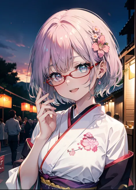 akaneshinjou, shinjou akane, Light purple hair, (Pink Eyes:1.2), happy smiles, Flower hair ornament,smile, Open your mouth,short hair,Red-rimmed glasses,Big Breasts,Purple kimono,Thick sleeves,Japanese Festivals,Summer festival food stalls,Red lantern,fire...