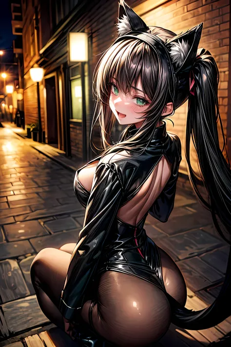 NSFW、One Girl、(20-year-old woman)、Cat ears headband、Shiny tail、Black enamel high leg suit、Ultra-thin suit、Skin is transparent、squat、Cat Pose、Black cat、City、Back alley at night、Green Eyes、Beautiful eyes、Laugh with fangs out、Faces aiming for prey、Looking fro...