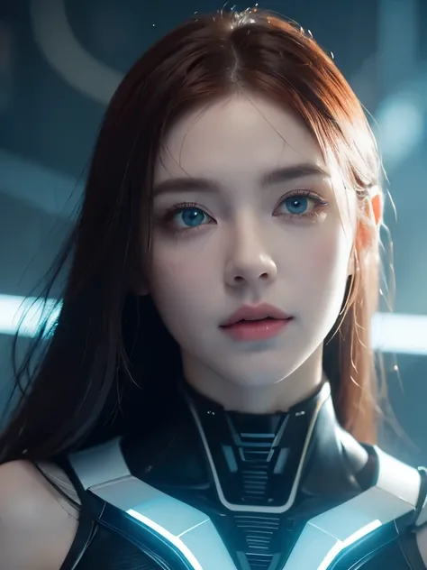 1 white mechanical girl, long hair and redhead, blue colored eyes,breasts big, ((Extraordinarily realistic details)), portraite, world class lighting, ombre, octane rendering, 8f, ultra sharp, white metal,complicated, detailed jewellery, cool colors, highl...