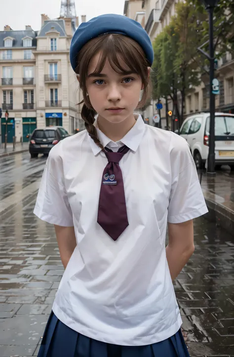 (best quality,hyper-realistic,ultra-detailed,8k), teenager, fifteen years old, shy, sad, paleness, big blue eyes, very white skin, small nose, very short brown hair with bangs, melancholy, delicate, feminine, skinny, elegant school blue uniform, french pin...