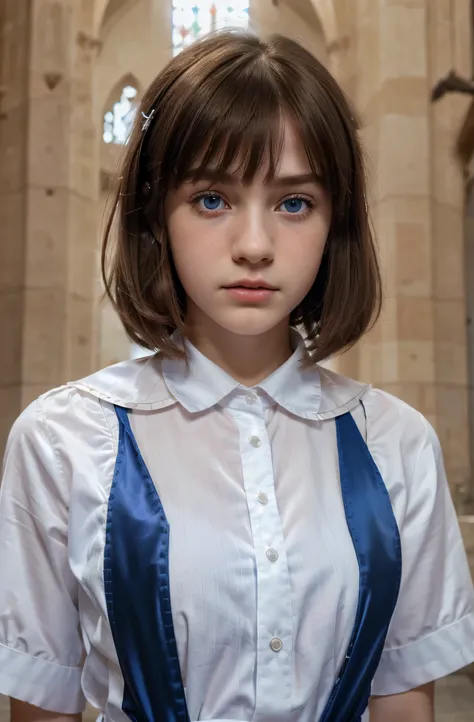 (best quality,hyper-realistic,ultra-detailed,8k), teenager, fifteen years old, shy, sad, paleness, big blue eyes, very white skin, small nose, very short brown hair with bangs, melancholy, delicate, feminine, skinny, elegant school blue uniform, red tie, b...