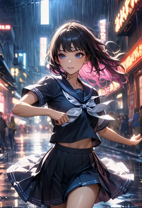 Girl dancing in the rain:1.2, Rainy Street, JK, Sailor suit, Cinema Lighting, Beautiful lip detail, Very detailedな顔と姿, Long eyelashes, Cowboy Shot, Dance Motion, Dynamic Motion Blur;1.2, Vibrant colors, mood with atmosphere, Dramatic lighting, Surreal, (Hi...