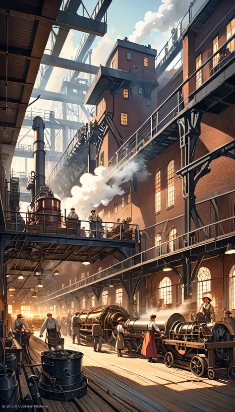 Create a detailed illustration of an 18th-century textile mill in England. The image should capture the atmosphere of the Industrial Revolution, showing the first mechanized industry producing fabrics. Use historical and technological elements of the time,...
