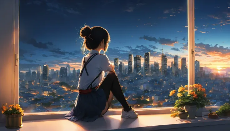 anime girl sitting on a window sill looking out at a city, 4k anime wallpaper, Watching the sunset. anime, anime art wallpaper 4k, anime art wallpaper 4 k, anime art wallpaper 8 k, anime wallpaper 4k, anime wallpaper 4 k, 4K Manga Wallpapers, anime backgro...