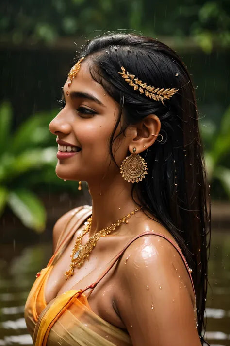 two 20 years old extremely beautiful brown Tamil girls (transparent saree sleeveless blouse petticoat), (bangles earrings necklace wrist watch), enjoying themselves in the rain, both drenched in rain, facing viewers facing camera, eyes symmetry, (best qual...