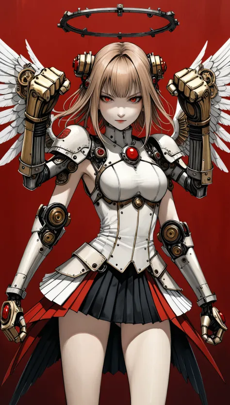 in style of Santiago Caruso,
mechanical angel wings,mechanical_halo,1 girl,mechanical wrist,mechanical skirt with pleated skirt,(huge makeover mechanical fists:1.5),the fist flashed red,