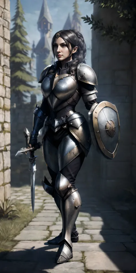 (combat stance, Hold,weapon,lance, Schild:1.2),Gwendolyn,headband, armor, Brustplatte, Hose,, gloves, Shoulder pieces, Stulpen, Viewers look at, shoulder armor,outside,Lock,(​masterpiece, best quality, Ultra-detail, Best Shadow)