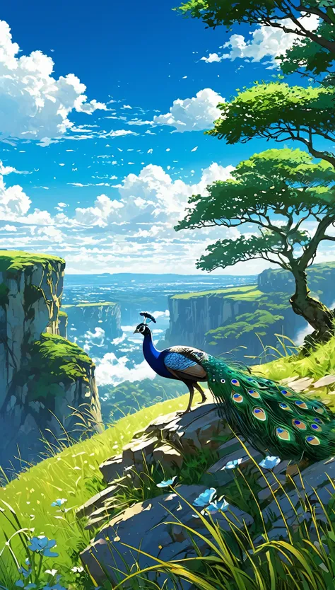 a peacock sitting under a tree near a cliff in a meadow , seeing a vast blue sky with fluffy clouds and brush strokes , tall grasses stones, , makoto shinkai cyril rolando, anime art wallpaper 4k, anime art wallpaper 4k, animated background, anime art wall...