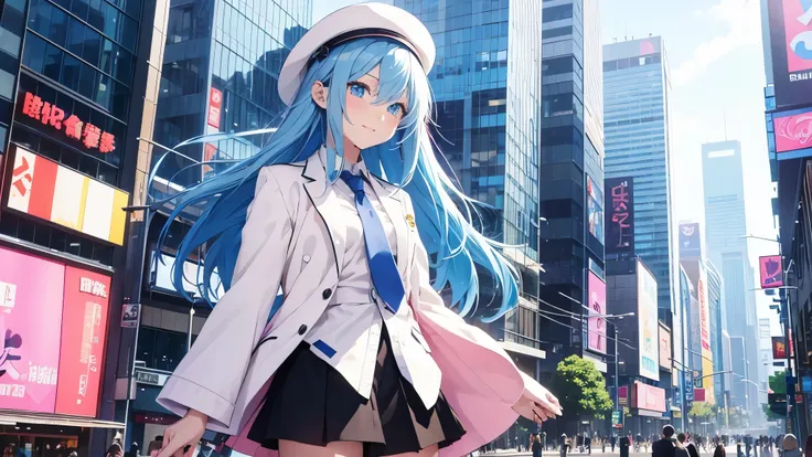 Anime style illustration with a vibrant city background similar to Shibuya. The main characters are a girl with long blue hair and blue eyes wearing a  with a pink tie, and a boy with short blue hair wearing a white suit and hat. In this image, the boy has...