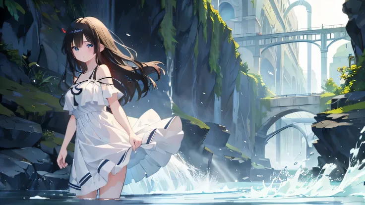 Beautiful cartoon-like CG illustration Beautiful girl Cute 17-year-old girl Long straight black hair White dress Her shoulders are exposed Water level is up to her ankles Playing in the river water Splashing