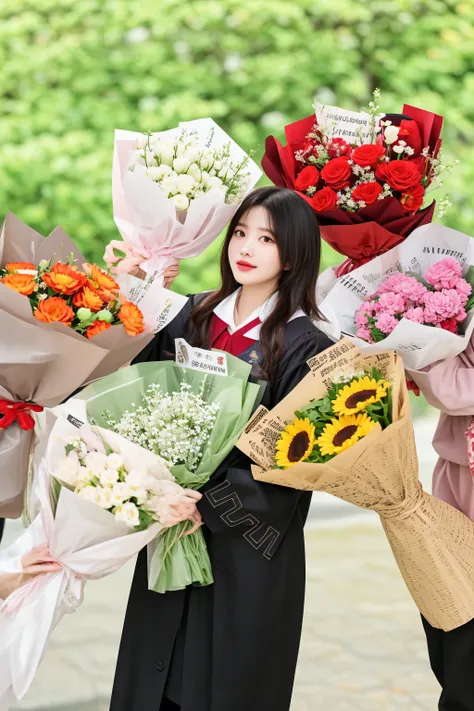 there are many different types of flowers in the picture, bae suzy, cai xukun, sakimichan, exclusive, bouquet, flower, student, with flowers, graduation photo, ulzzang, many flowers, cutest, holding flowers, h 576, handsome girl, bouquets, iu, lots of flow...