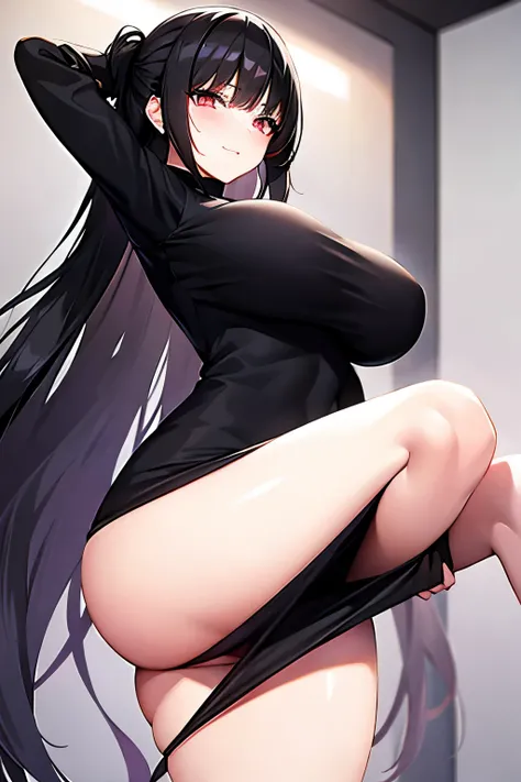 anime girl,teenager,black hair,red eyes,black shirt, sexy,very big breasts,Tall,Long, slender legs,fit,Sweating,