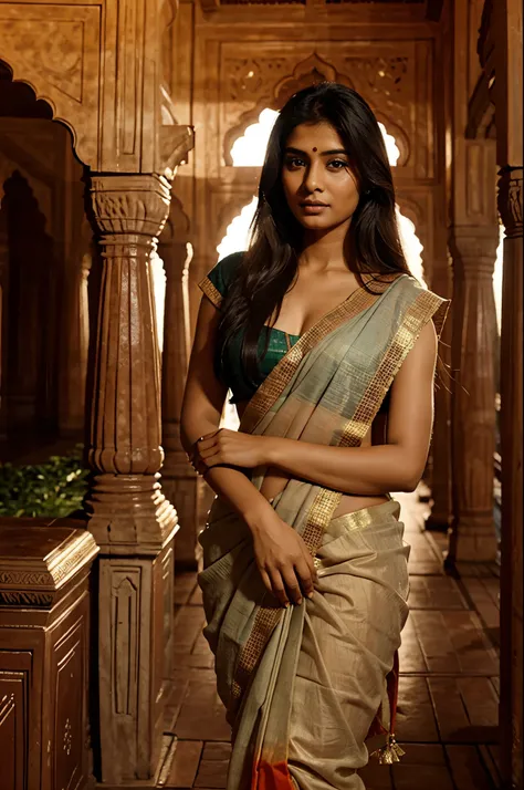 beautiful Indian woman at taj mahal in saree
