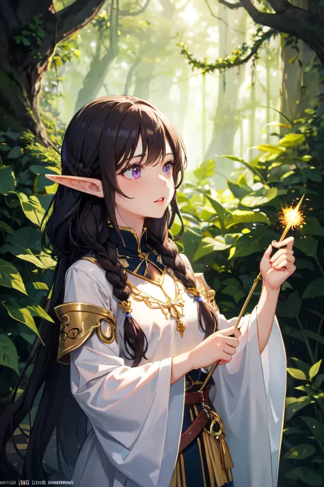 ((best quality)), ((masterpiece)), (detailed), 1girl, (masterpiece), best quality, expressive eyes, perfect face, magical, fantasy, woman, adult woman, Half-elf, druid, long brown hair, hair half up half down with braids, lavender purple eyes, gold accesso...