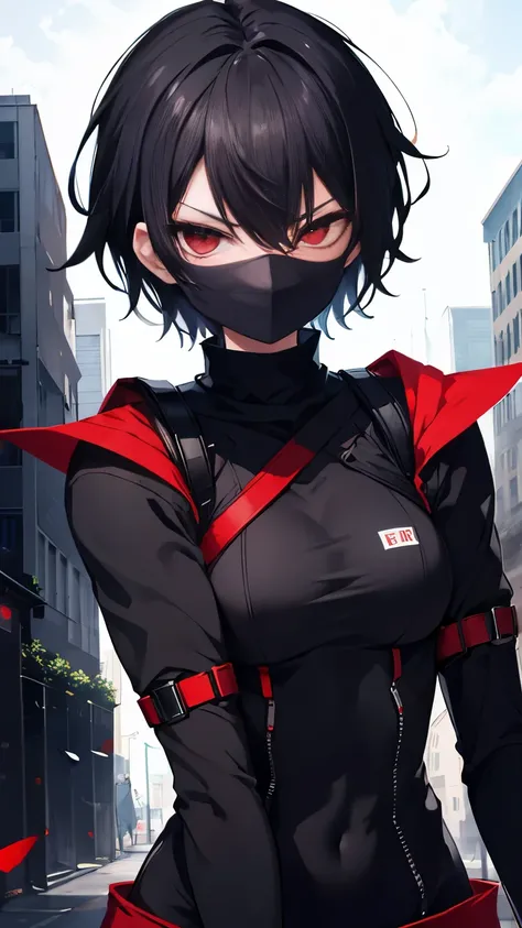 High resolution,high resolution,Girl,Black Hair,Short Hair,Red Eyes,Slanted Eyes,Bad mood,boyish,slender,Toned body,Ninja,Kunoichi,Black Mask