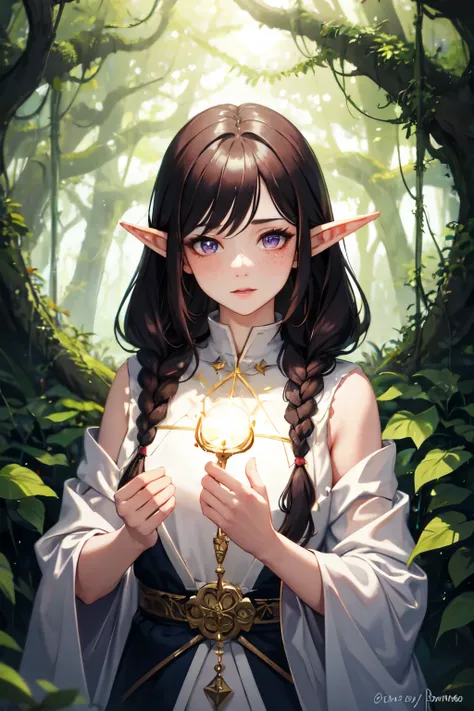 ((best quality)), ((masterpiece)), (detailed), 1girl, (masterpiece), best quality, expressive eyes, perfect face, magical, fantasy, woman, adult woman, Half-elf, druid, long brown hair, hair half up half down with braids, lavender purple eyes, gold accesso...