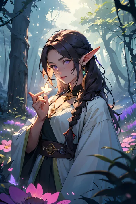 ((best quality)), ((masterpiece)), (detailed), 1girl, (masterpiece), best quality, expressive eyes, perfect face, magical, fantasy, woman, adult woman, Half-elf, druid, long brown hair, hair half up half down with braids, lavender purple eyes, gold accesso...