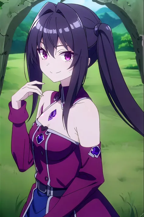 Blackberries girl,long dark purple hair,twintails,wicked smile,Iris flower on her hand,blackberries on hair,very cinematic,deep pure forest background