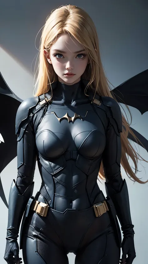 batman、woman、22 years old、woman体型、large breasts、blonde、mechanical suit、upper body